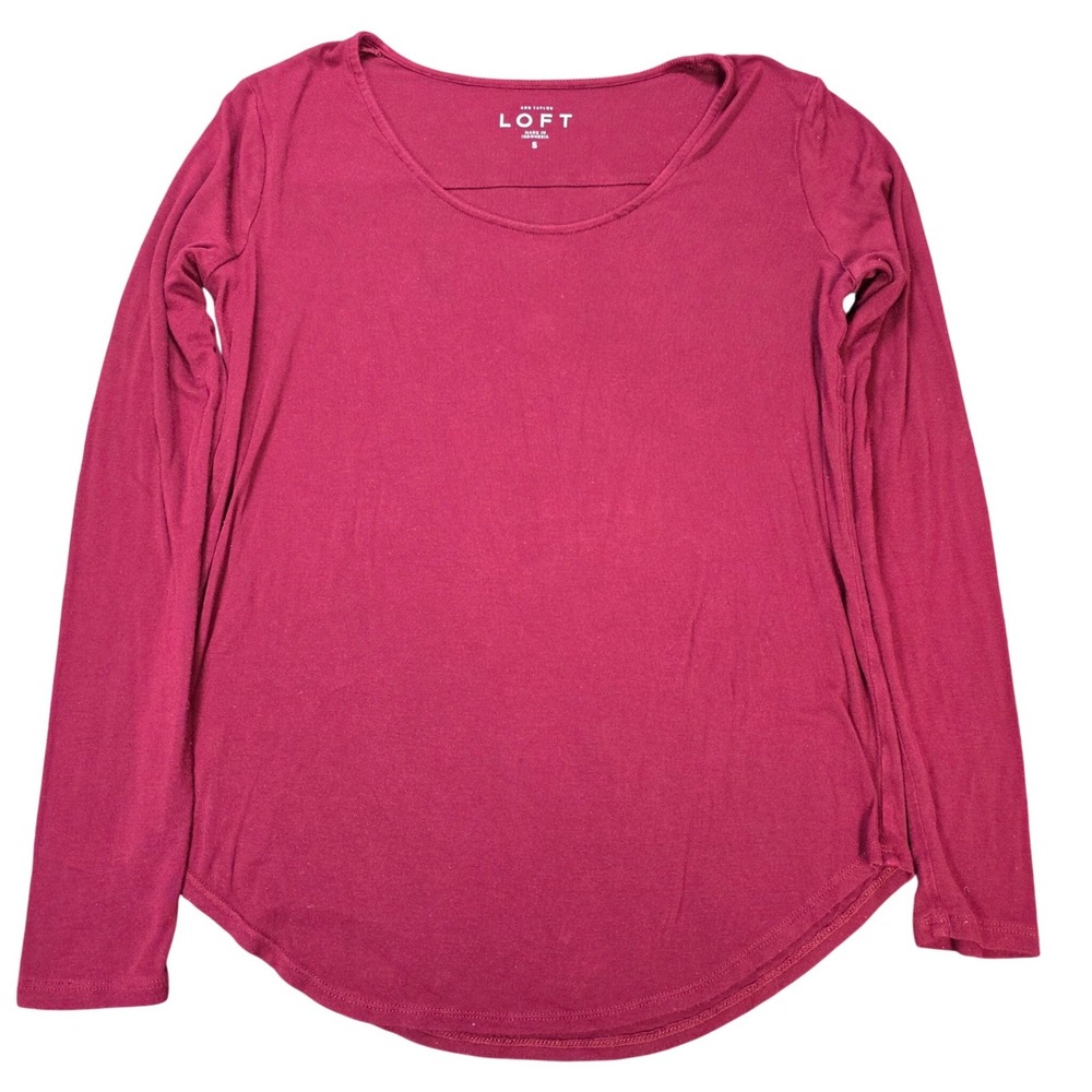 LOFT Long Sleeve Tee Shirt Women's Size S Burgundy Scoop Neck Curved Hem